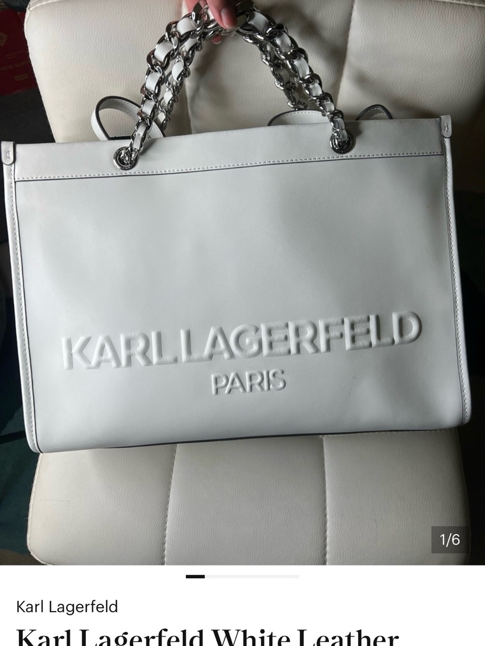 Karl Lagerfeld White Leather Tote with Silver Chain Handles